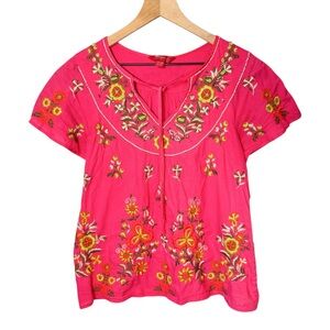 Monsoon Hot Pink Embroidered Beaded Boho Floral Split V-Neck Peasant Top Sz 4